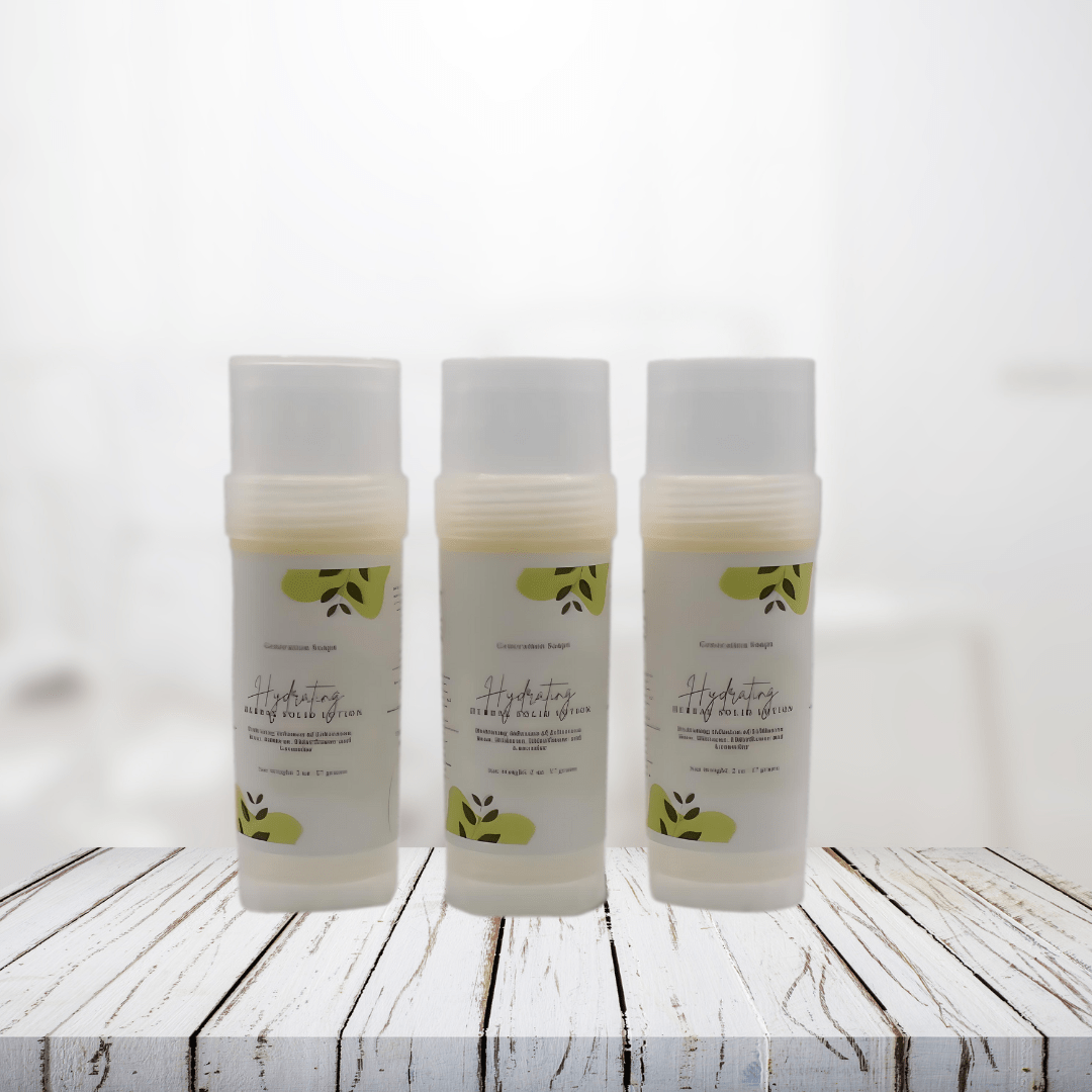 Hydrating Herbal Solid Lotion, moisturizing solid lotion with plant-based oils and herbal extracts, skincare product on wooden surface.