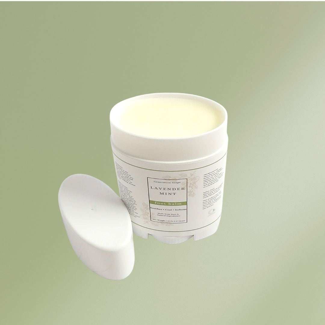 Lavender Mint Foot Balm tube with natural ingredients for soothing and moisturizing feet