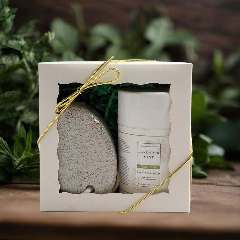 Happy Feet Comfort Gift Set with Lavender Mint Foot Balm and pumice stone for soothing herbal foot care
