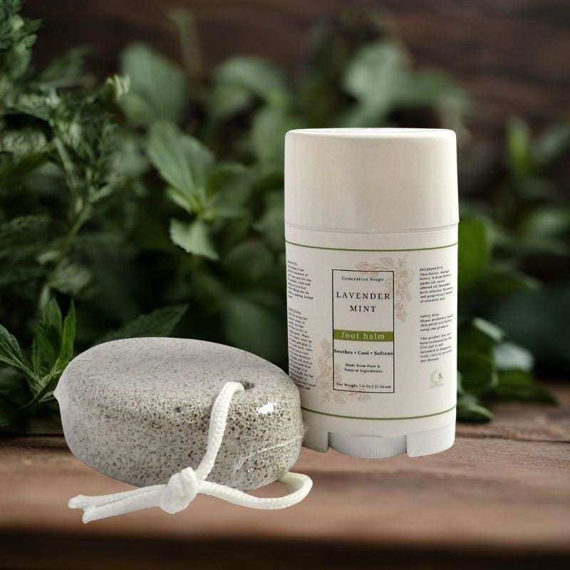 Happy Feet Comfort Gift Set with Lavender Mint Foot Balm and pumice stone for soothing herbal foot care