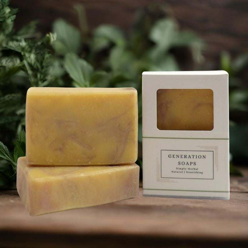 Handcrafted natural soap bar with lavender and lemon ingredients for brightening and calming skin care