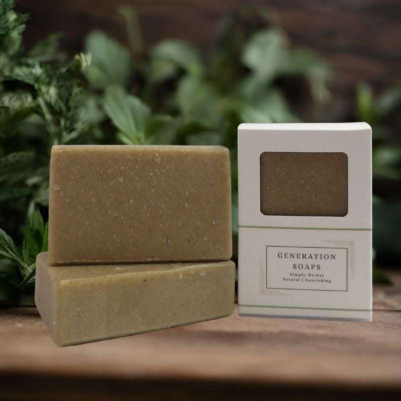 Natural soap bar with oatmeal and nettle ingredients for soothing and moisturizing skin.