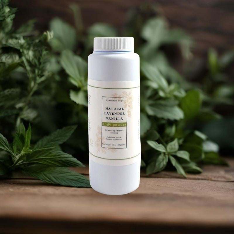 Natural Lavender Vanilla body powder in a shaker bottle with lavender and vanilla accents