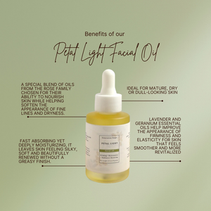 Petal Light Facial Oil bottle with botanical ingredients for firming and radiance-boosting skincare