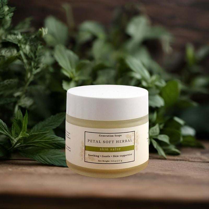 Petal Soft Herbal Skin Salve jar with natural botanical ingredients for soothing and moisturizing skin