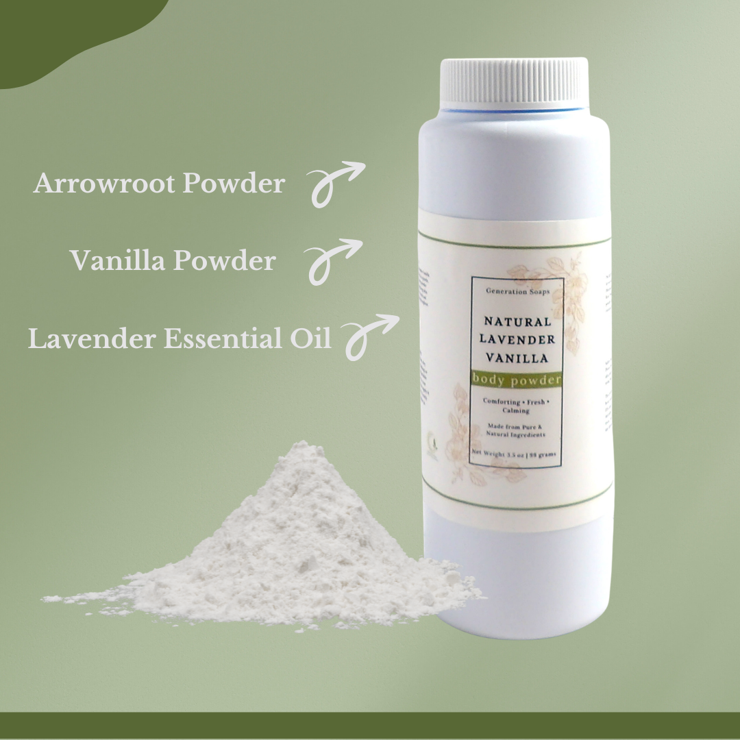 Natural Lavender Vanilla body powder in a shaker bottle with lavender and vanilla accents