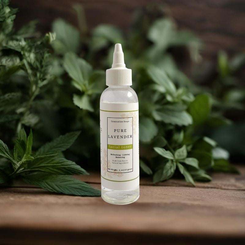 Bottle of Pure Lavender Facial Toner with lavender and witch hazel ingredients for soothing and hydrating skin