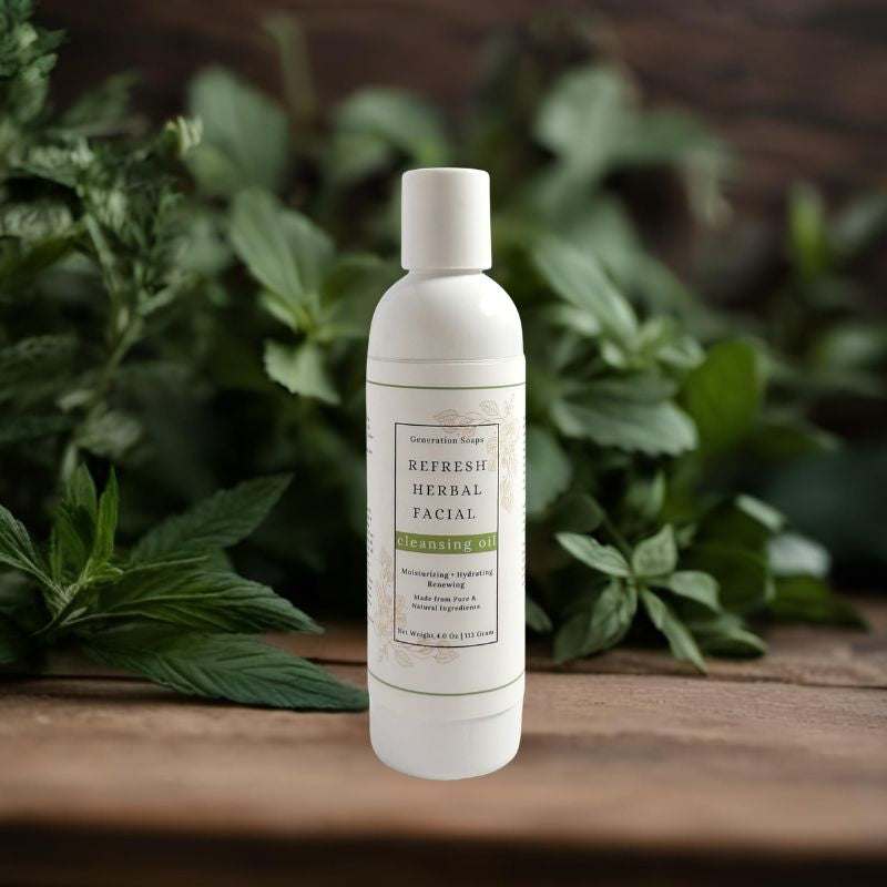 Bottle of Refresh Herbal Facial Cleansing Oil with natural botanical ingredients for moisturizing and hydrating skin