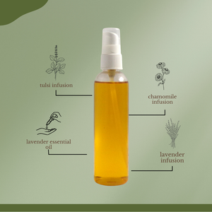 Relaxing after-shower herbal body oil bottle with apricot kernel, lavender, chamomile, and tulsi ingredients for soothing skin hydration