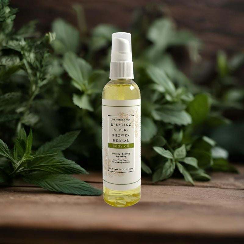Relaxing after-shower herbal body oil with lavender, chamomile, tulsi, and apricot kernel oil for soothing hydration and nourishment