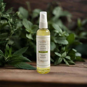 Relaxing after-shower herbal body oil with lavender, chamomile, tulsi, and apricot kernel oil for soothing hydration and nourishment