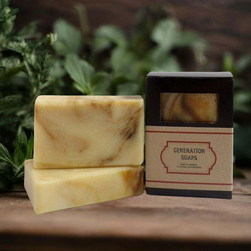Natural soap Rugged Citrus for Men bar with citrus and herbal essential oils in packaging