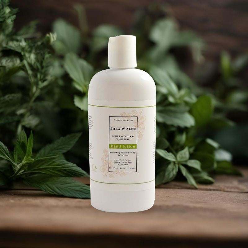 Shea and Aloe hand lotion bottle with lavender and palmarosa scent for moisturizing and soothing skin