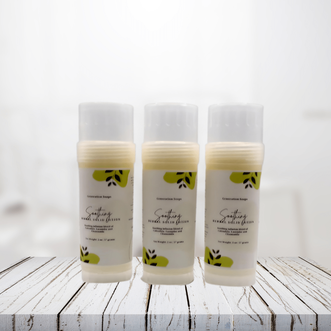 Soothing Herbal Solid Lotion bottles on wooden surface, featuring natural botanicals and plant-based oils for hydrated, smooth skin.