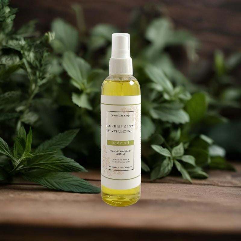 Bottle of Sunrise Glow Revitalizing Body Oil with herbs and essential oils for skin hydration and energy